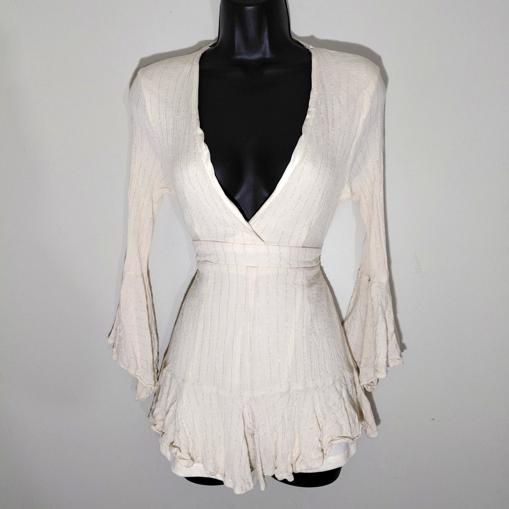 Free People Style Boho Romper Size L Romantic Femme Ethereal Fairy Bell Sleeve